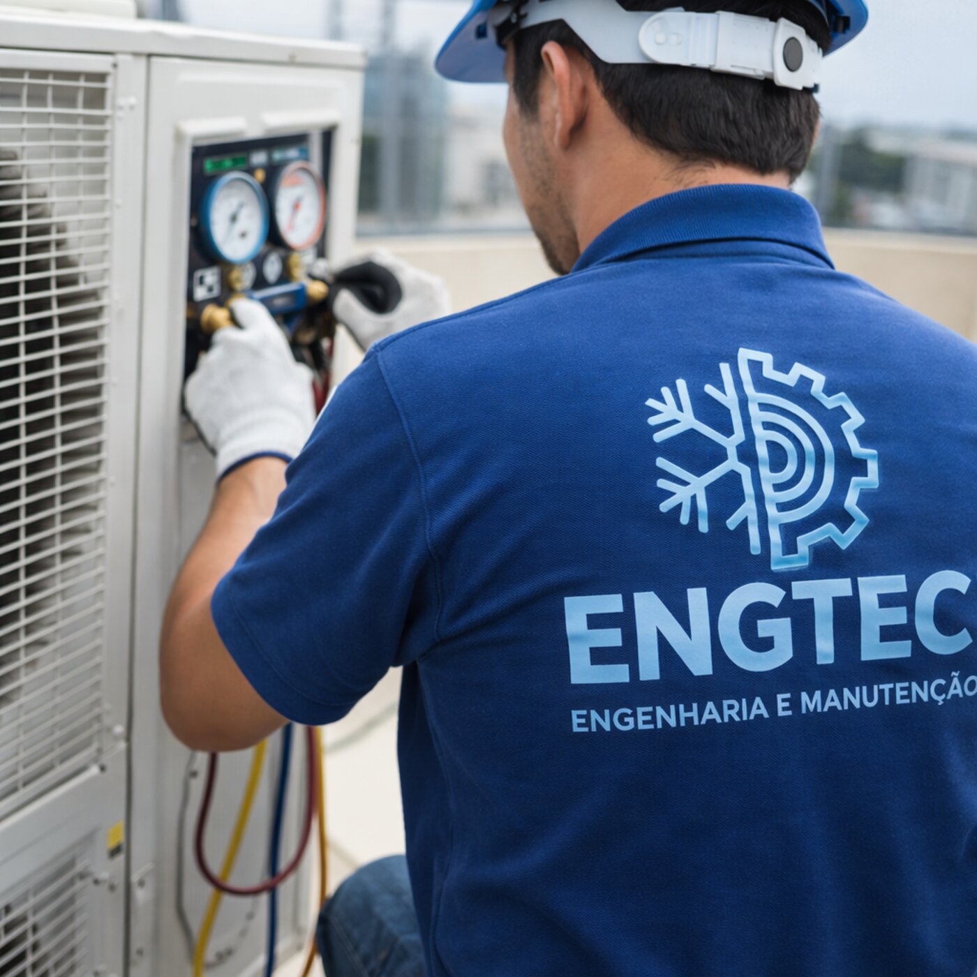 Técnico Engtec uniformizado realizando manutenção em unidade de ar-condicionado
