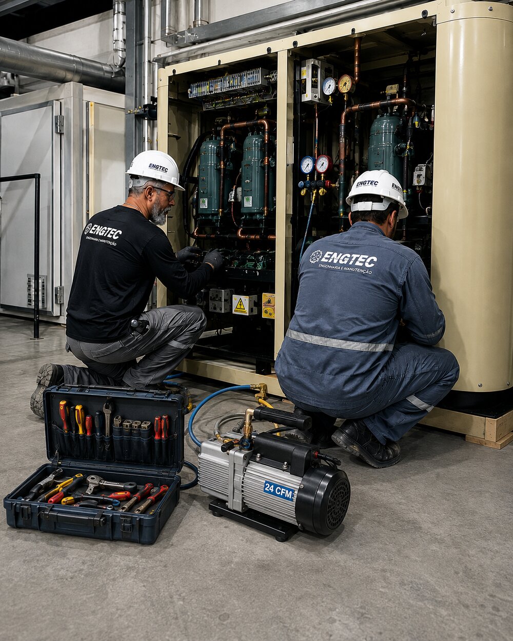 Equipe Engtec realizando manutenção em chiller de refrigeração